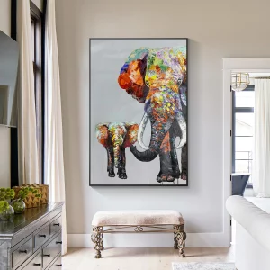 Colorful Elephant Animal Acrylic Painting On Canvas Large Framed Wall Art (16x24inch)